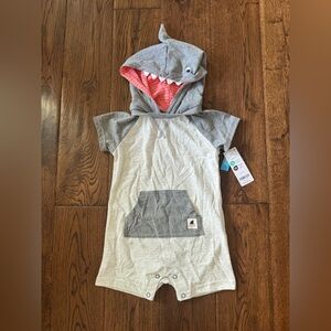 Shark Hooded Baby Romper in Heather Gray & Coral